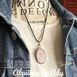 Pink Quartz big medallion Victorian style short necklace adjustable fit